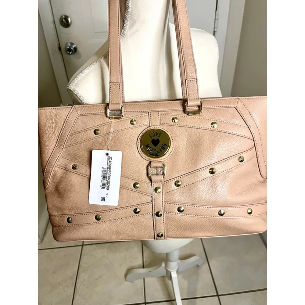 NWT Love Moschino Borsa Leather Tan Tote Bag with studded details